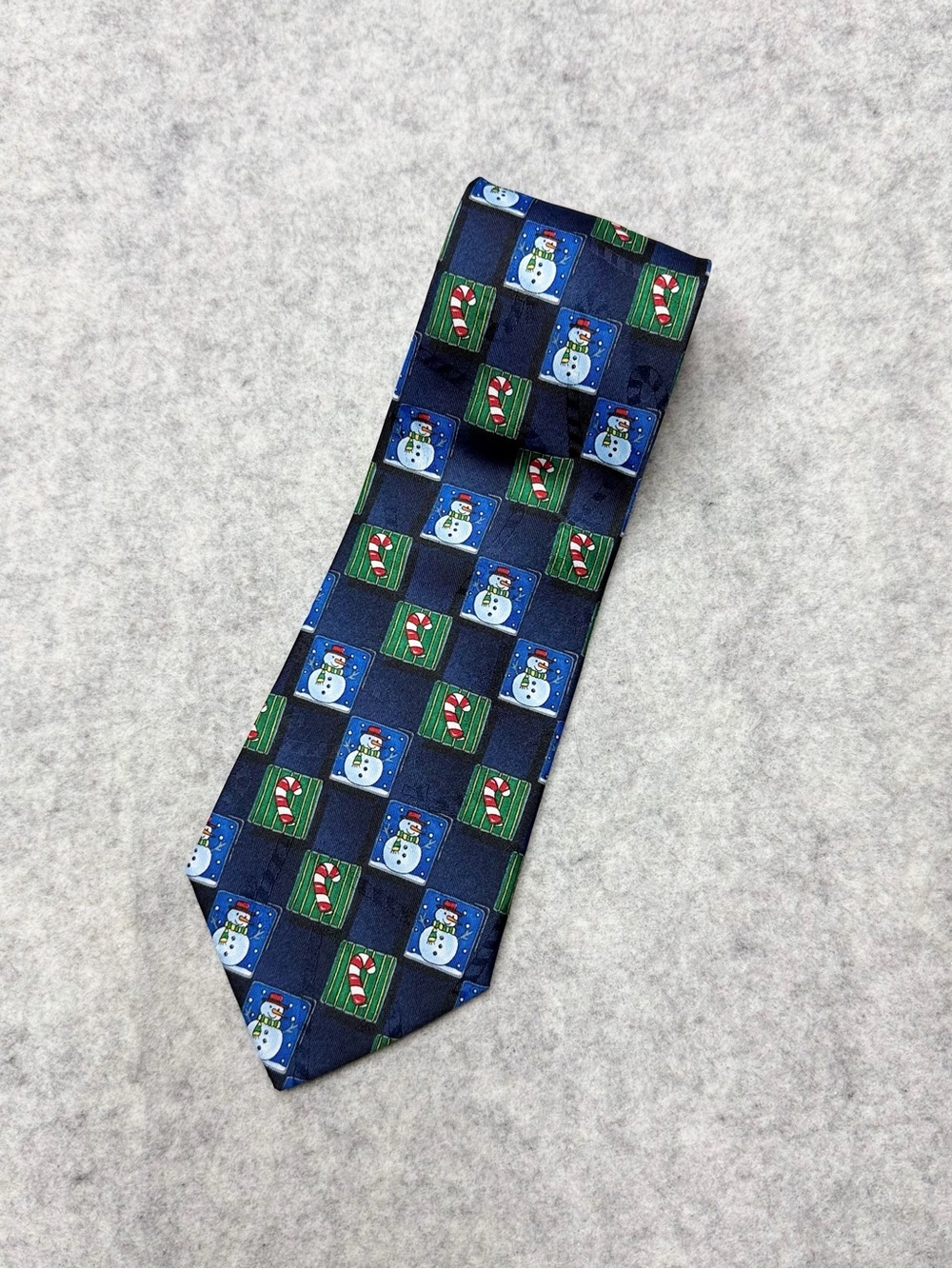 Yule Tie Greetings Hallmark Christmas Necktie Snowman Candy Cane Navy Blue Silk
